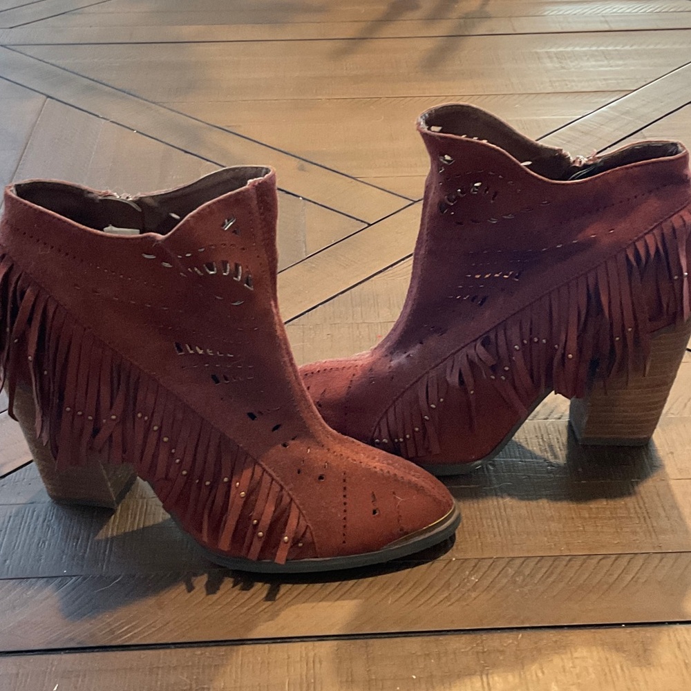 Not Rated Burgundy Suede Fringe Ankle Booties